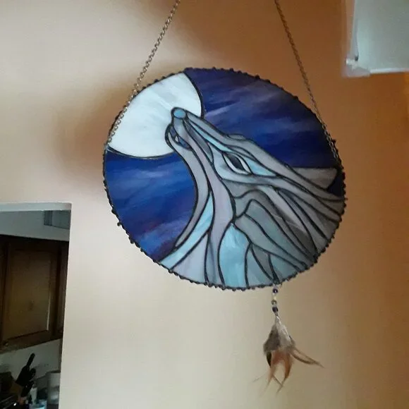 Wolf & moon glass mosaic, hand-made, 13" diameter - Picture 3 of 3